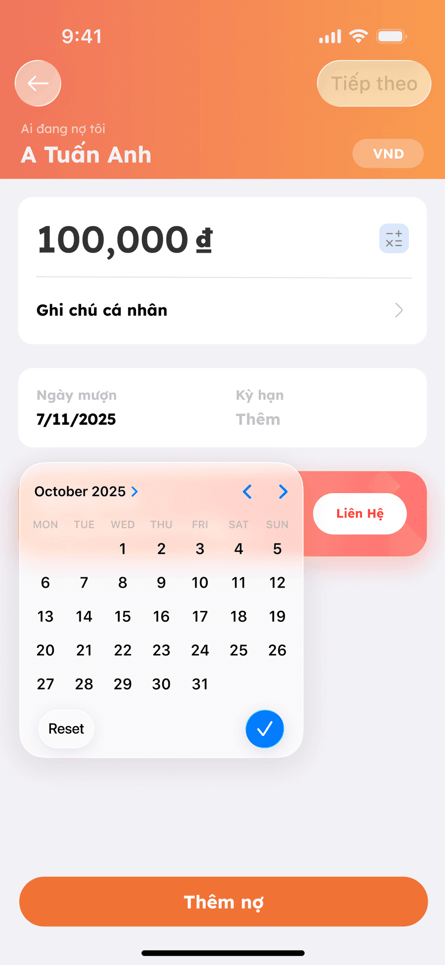 Design of an 'Add debt' screen in a debt-tracking app: an orange header with round translucent back and Next buttons, an amount card showing 100,000 VND, a borrow date field, and a frosted-glass calendar popover open over the content