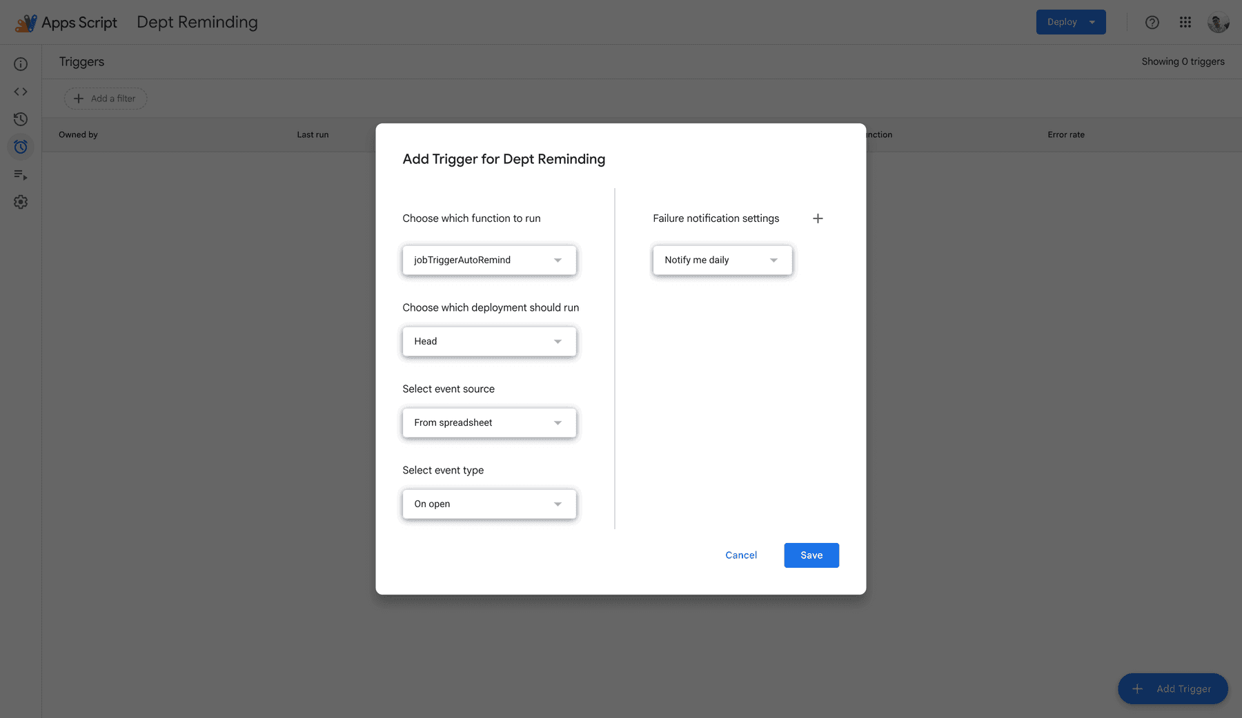 The Add Trigger dialog for Dept Reminding: function jobTriggerAutoRemind, deployment Head, event source From spreadsheet, event type On open, and failure notifications set to Notify me daily